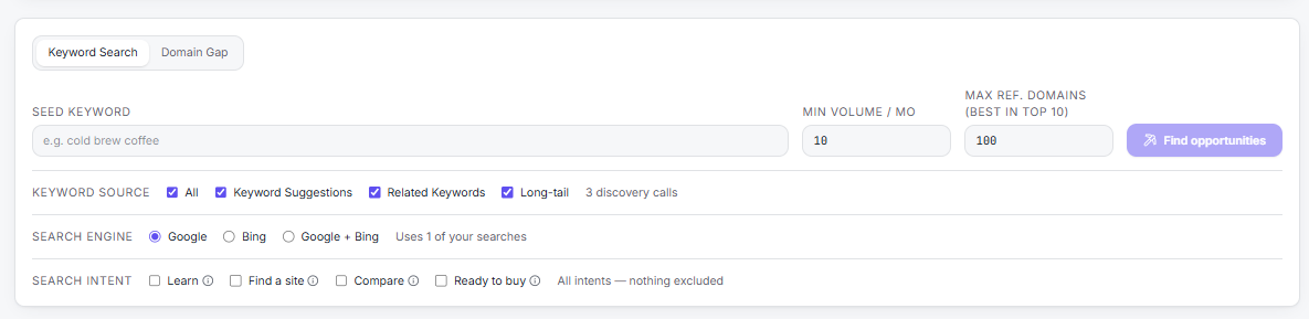 Keyword search screen with source, search engine and intent filters