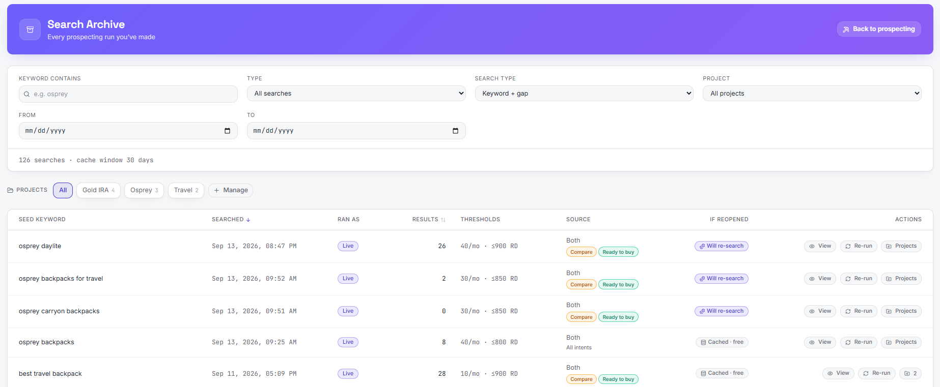 Search Archive listing past searches with filters and re-run actions