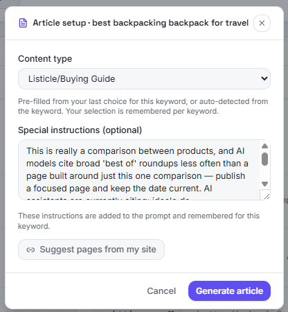 Article setup with content type and special instructions
