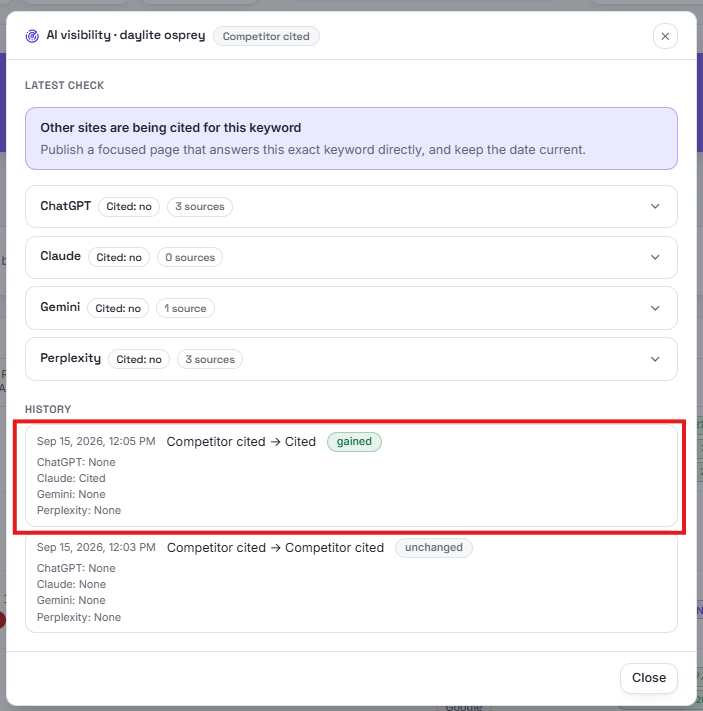 AI visibility tracking history with latest check and a timeline of changes