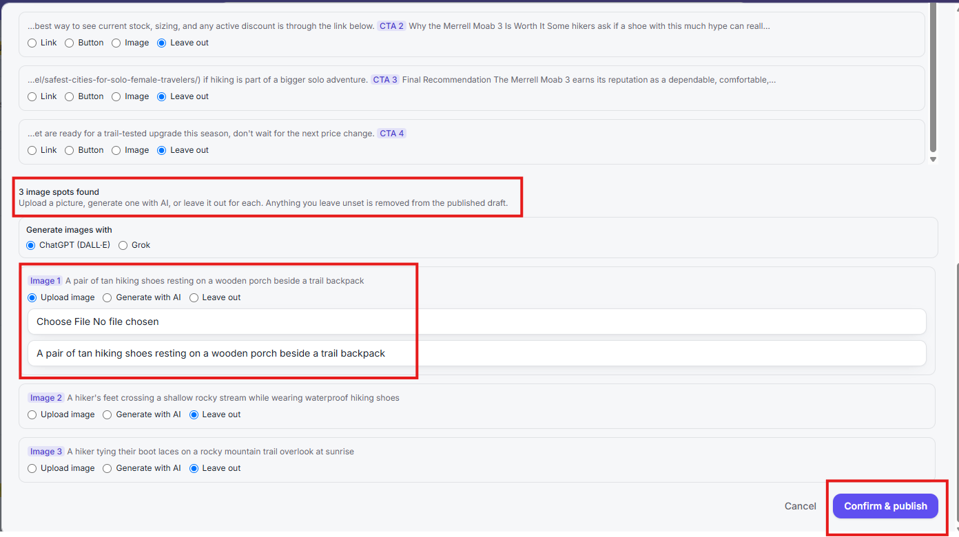 Image spots list with Upload, Generate with AI, and Leave out options and a Confirm & publish button