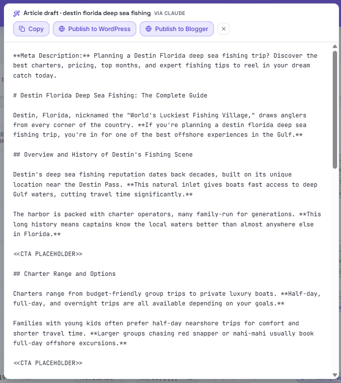Generated article draft with CTA placeholders