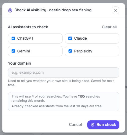 AI visibility check setup with assistant selection and domain