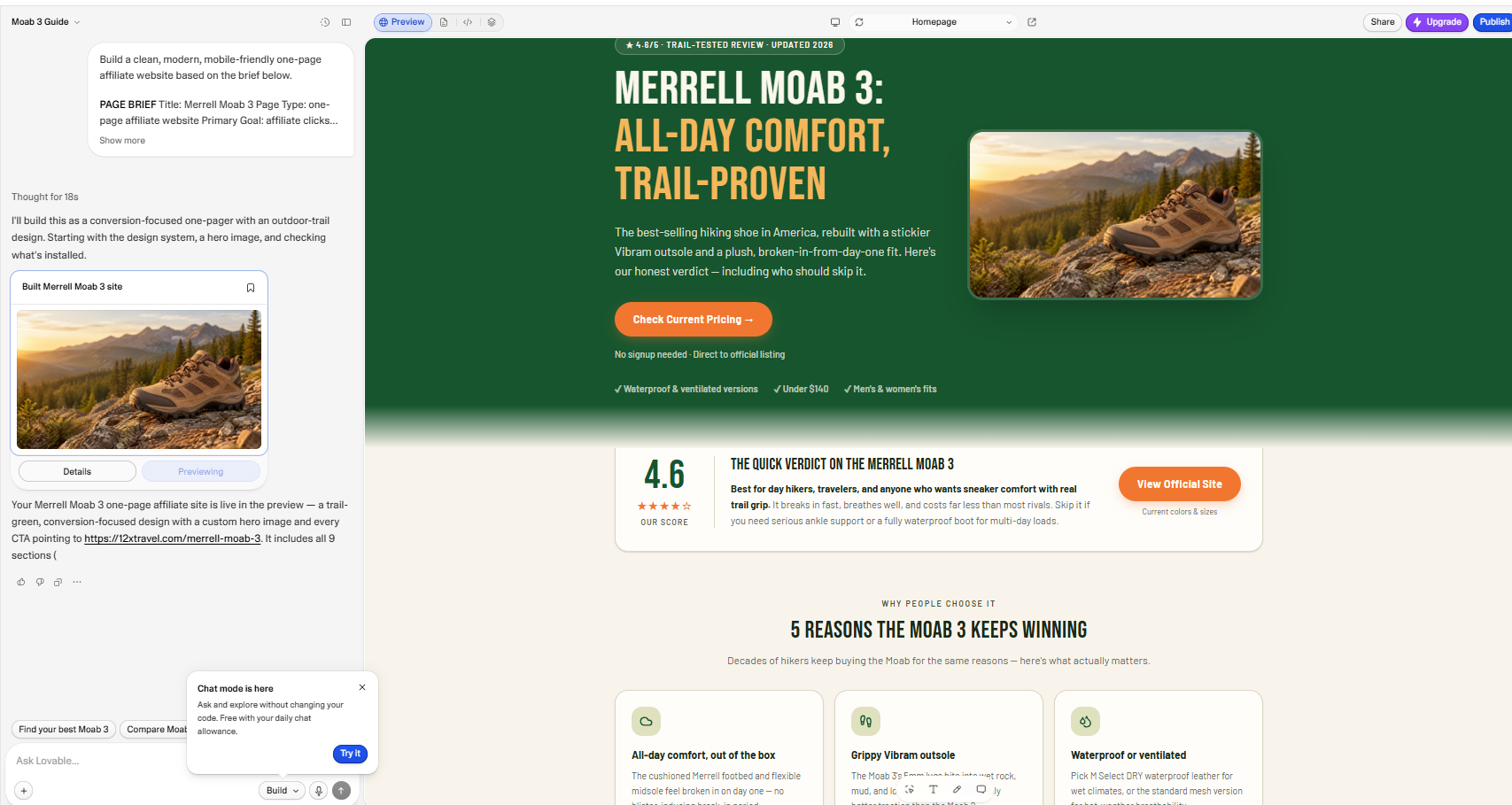 Lovable-built Merrell Moab 3 one-page affiliate site with hero image, verdict score, and pricing buttons