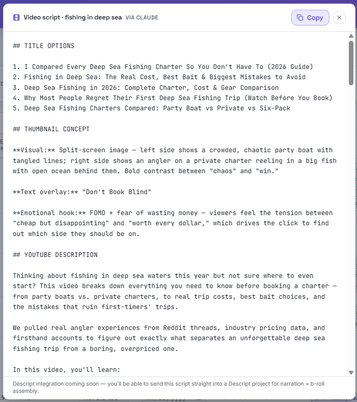 Video script with title options and thumbnail concept