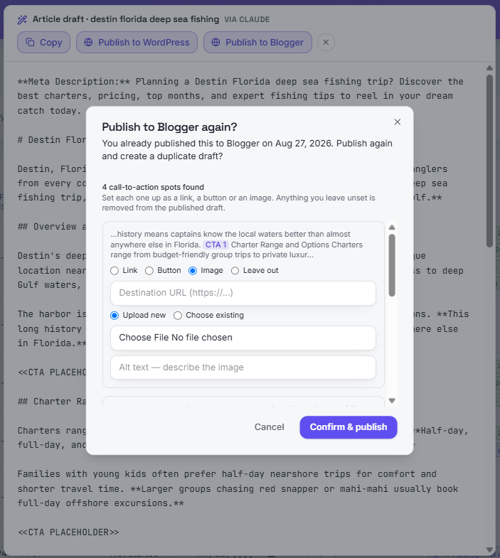 Publish to Blogger dialog with CTA image option
