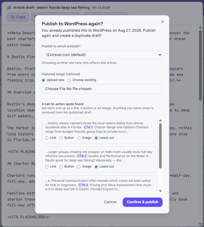 Publish to WordPress dialog with featured image and CTA options