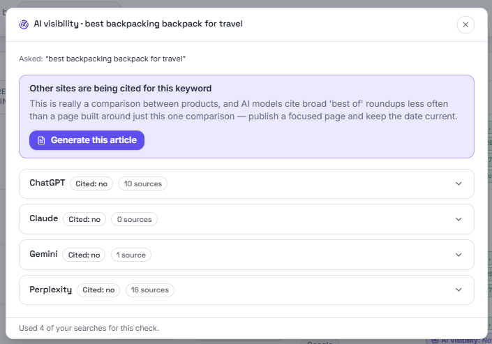 AI visibility result with recommendation and per-assistant summary