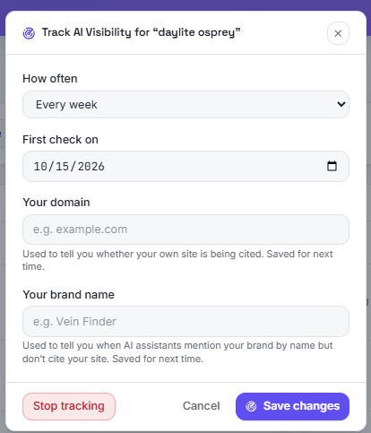 Manage tracking dialog with check frequency, first check date, domain and brand name